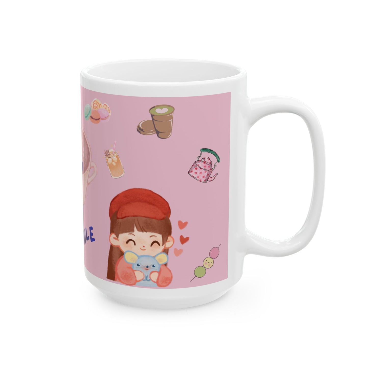 Ceramic Mug — "A Great Day Starts With a Great Smile" Cute Pink Kawaii Coffee Tea Cup