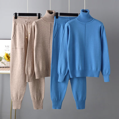 Casual Fashion Set European and American High Collar Solid Color Sweater Knitted Two Piece Set