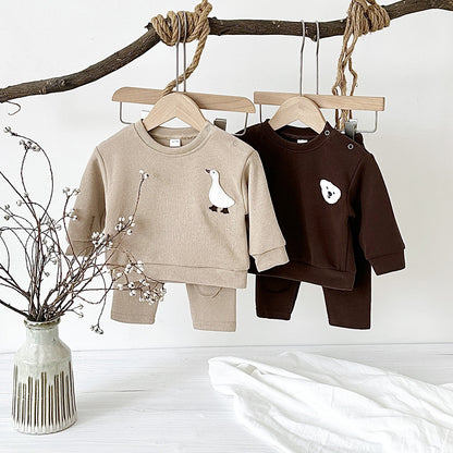 Animal embroidery long sleeved two-piece hoodie set