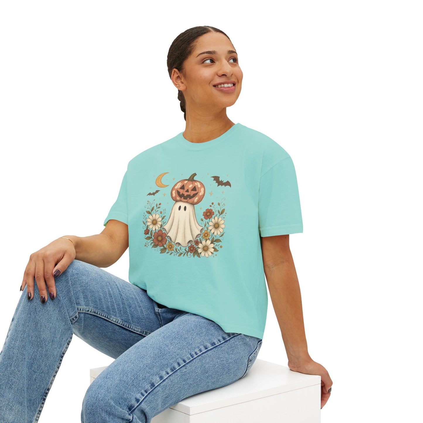 Halloween Pumpkin Ghost Floral Boxy Tee