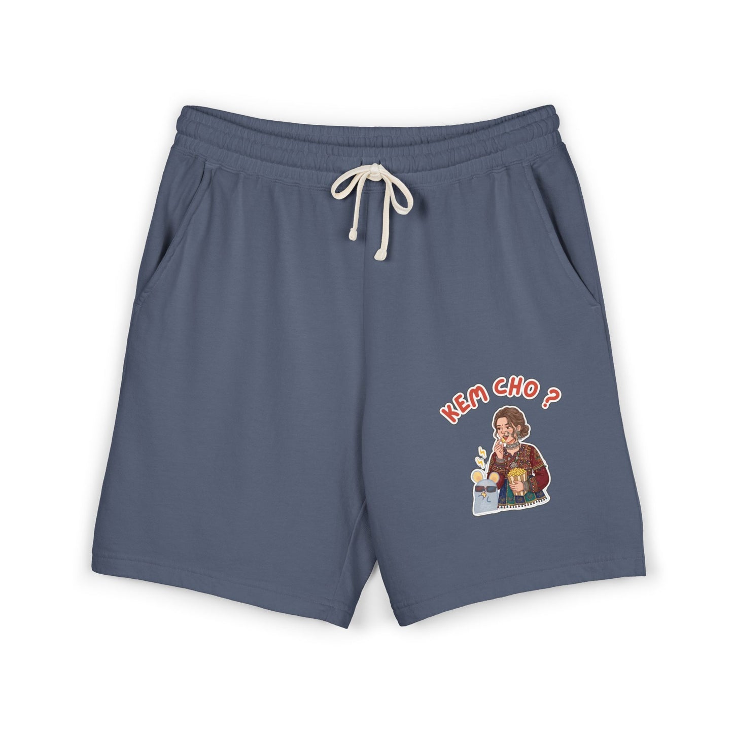 Cream Fleece Sweat Shorts with 'Kem Cho?' Cartoon Graphic