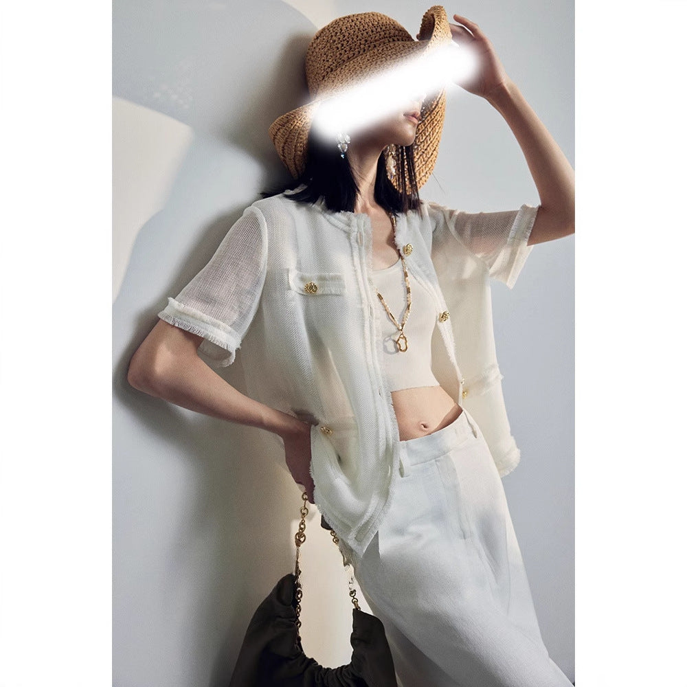 Summer Lightweight Open Front Blouse, Cotton-Polyamide Blend Cool-Feeled Short Sleeve Top with Hem Fringe, Chanel-Style Round Neck