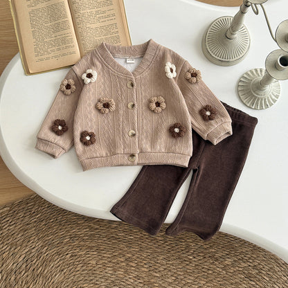 3D flower knitted cardigan set sweater+micro flared pants