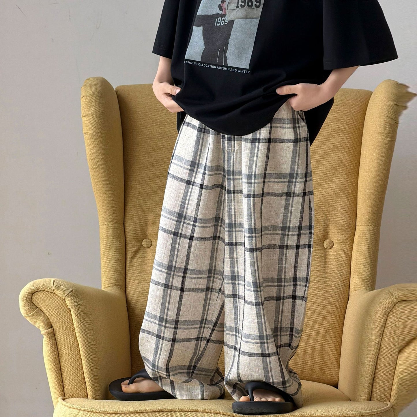 Boys' summer cotton and linen checkered pants