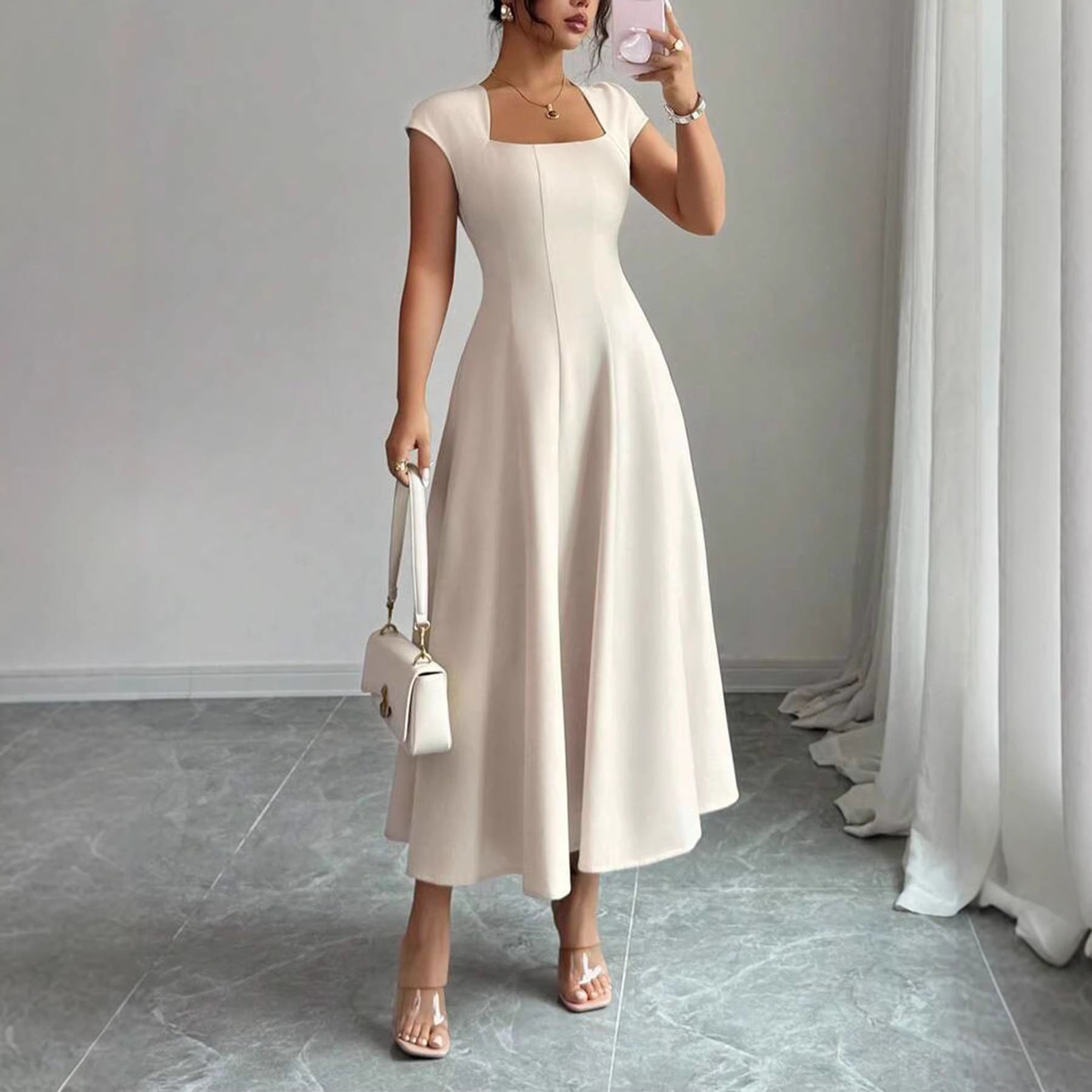 Chic Long Dress Women's Square Neck Short Sleeve Dress