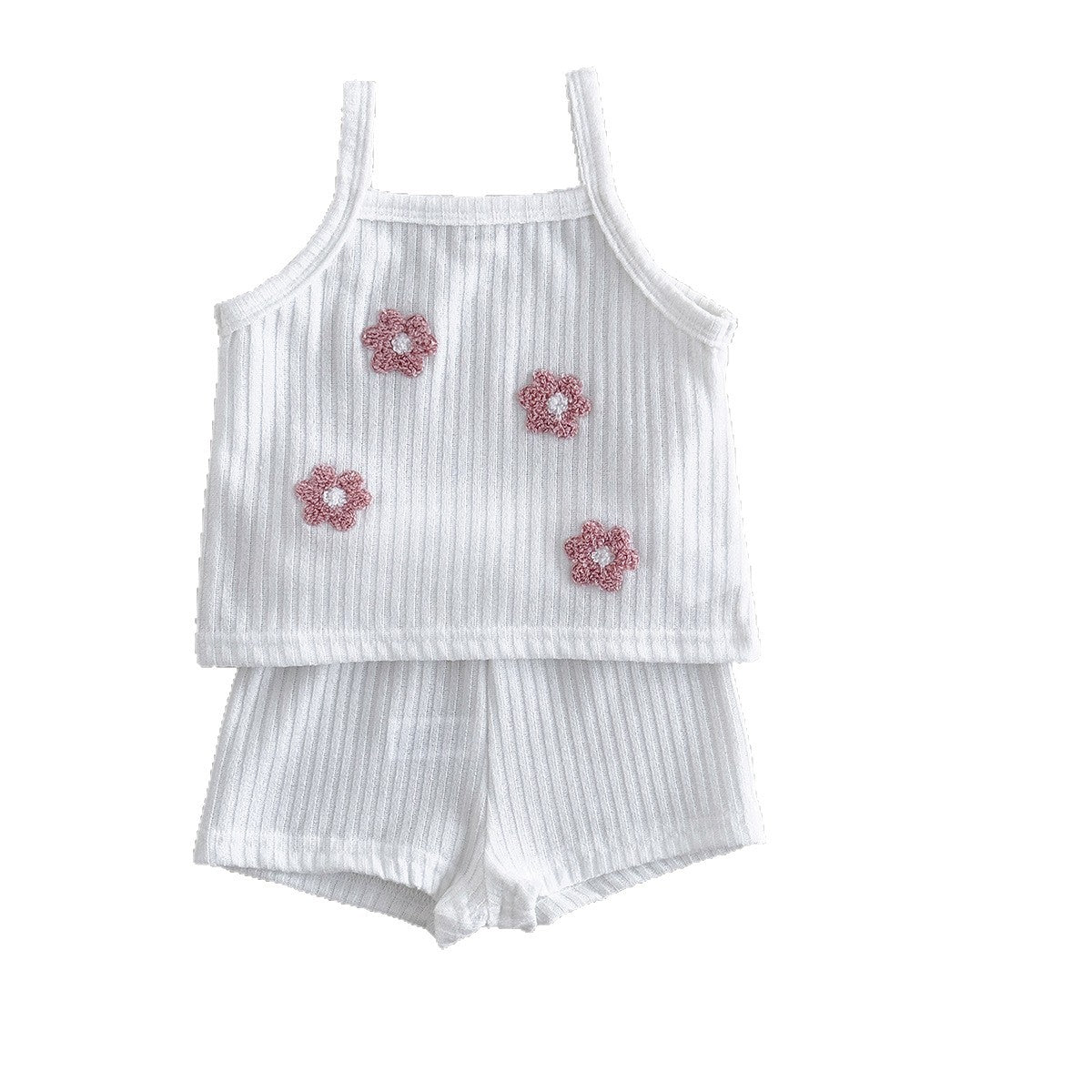 Summer flower embroidery square neck breathable two-piece set for girls
