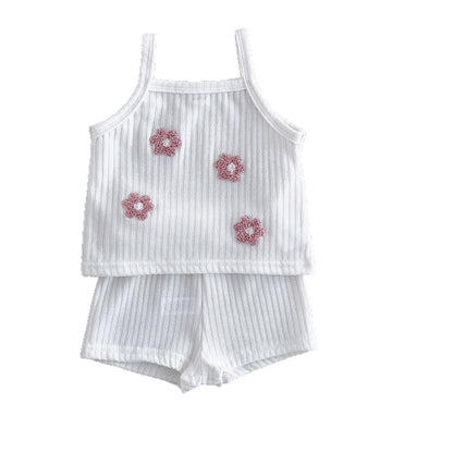Summer flower embroidery square neck breathable two-piece set for girls