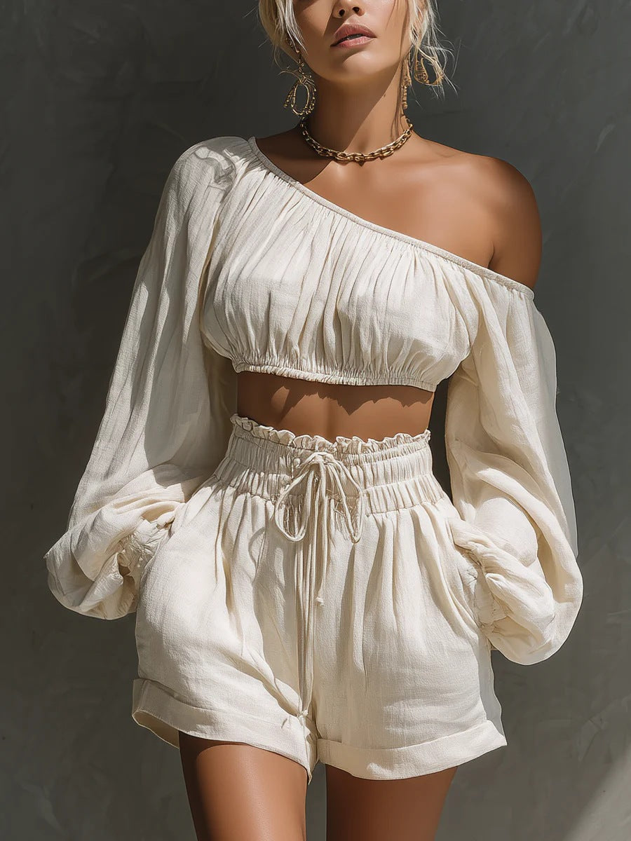 Shoulder long sleeved short top+high waisted casual shorts set for women