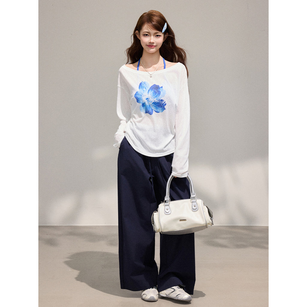 Long Sleeve Cardigan for Women,  Two-Piece Set with Floral Print, Tencel Chiffon Off-Shoulder Top