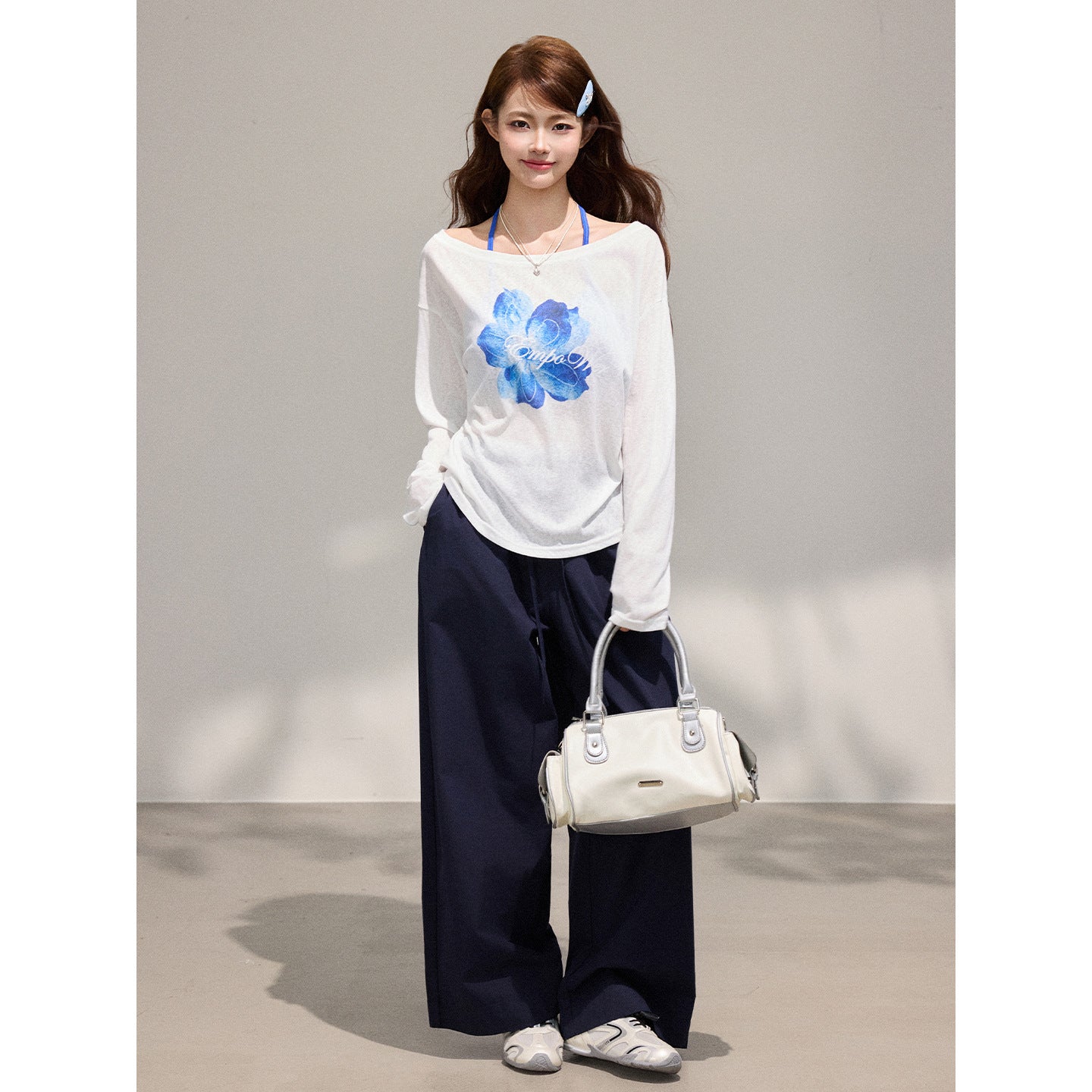 Long Sleeve Cardigan for Women,  Two-Piece Set with Floral Print, Tencel Chiffon Off-Shoulder Top