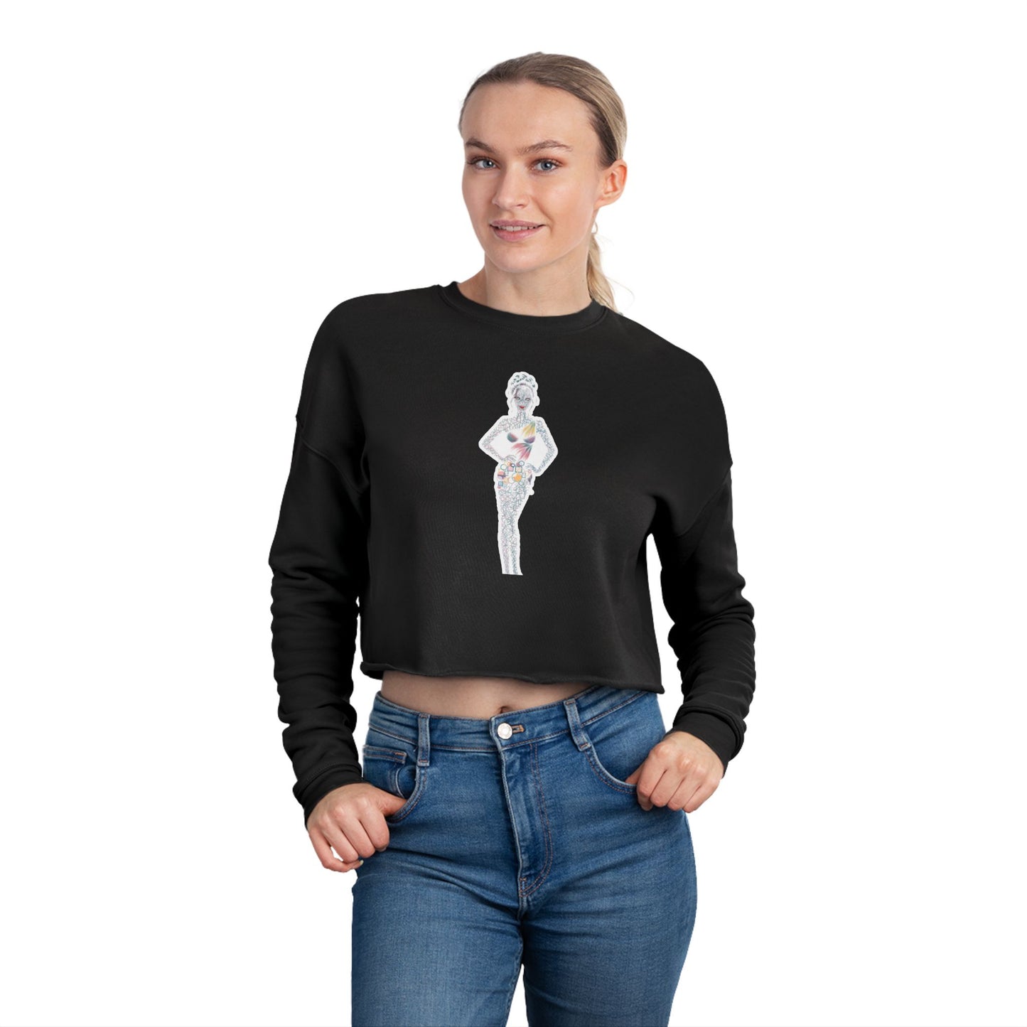 Cropped Sweatshirt — 'New Day' Heart Graphic with Retro Femme Illustration