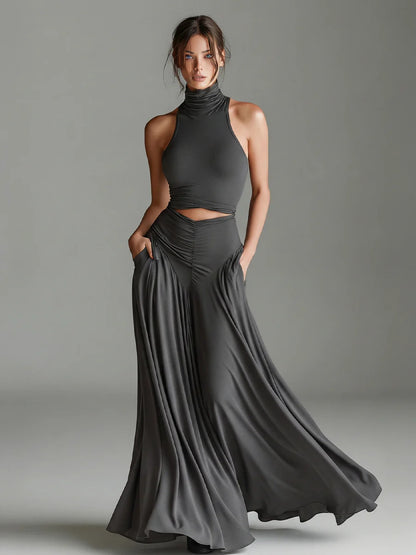 Style Sleeveless High Neck Top with Elegant Long Dress Two-Piece Set