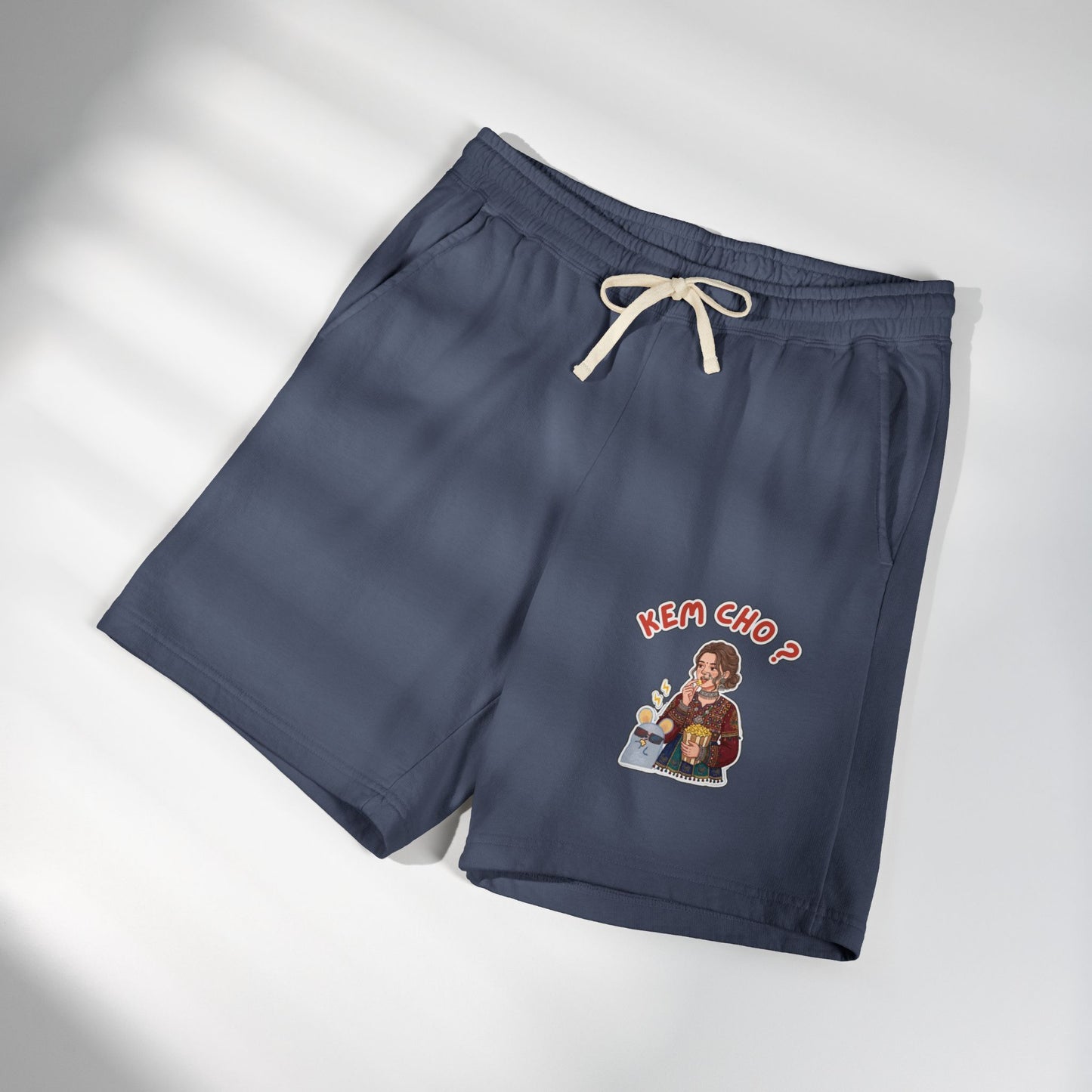 Cream Fleece Sweat Shorts with 'Kem Cho?' Cartoon Graphic