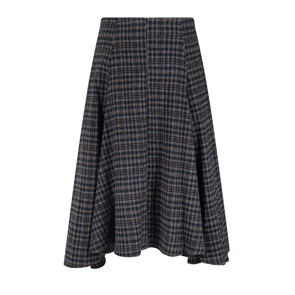 Jupe mi-longue en laine à carreaux taille haute drapée amincissante coupe trapèze style universitaire vêtements pour femmes