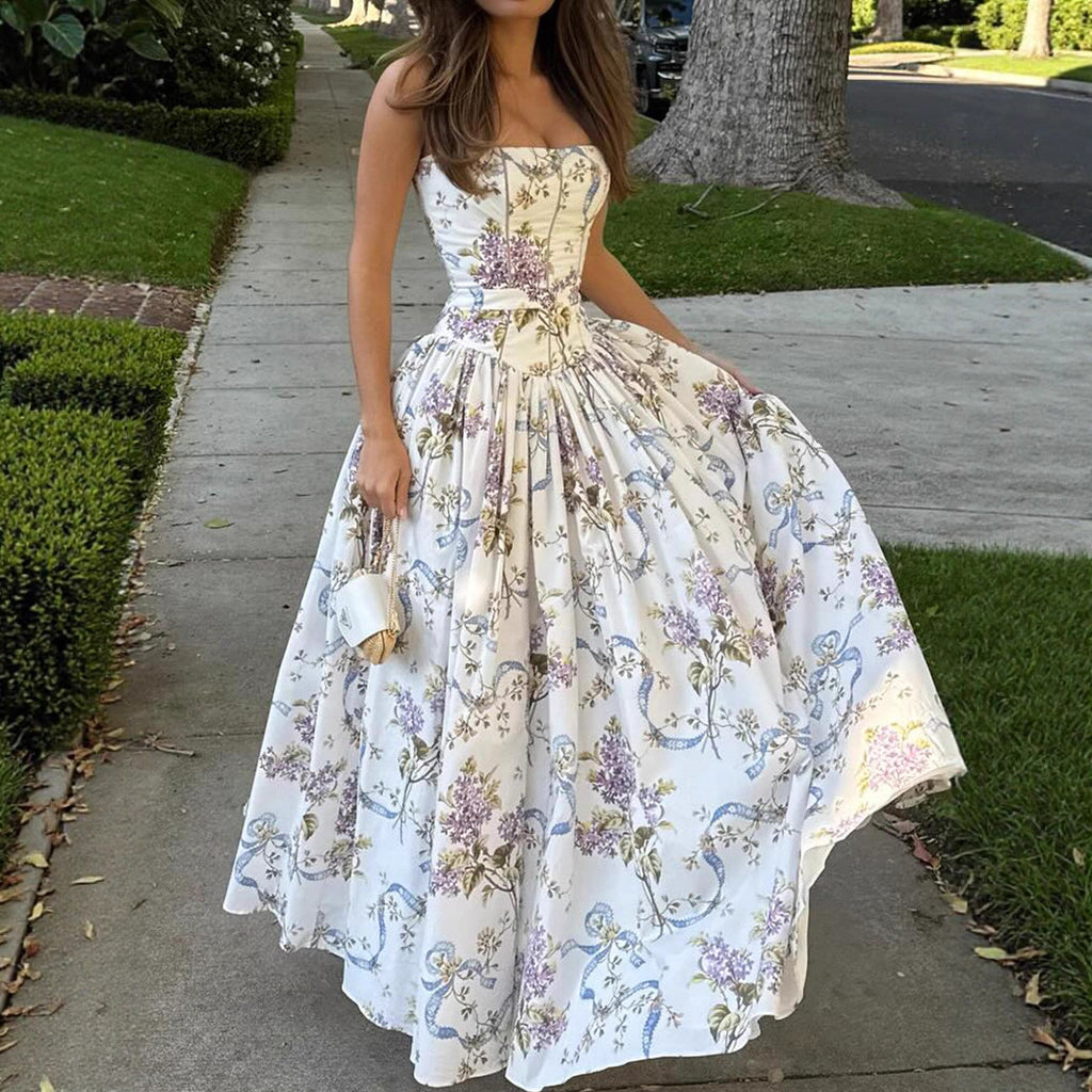 Robe longue sexy sans bretelles imprimée, dos nu ajusté, style élégant et haut de gamme, belle robe d'été