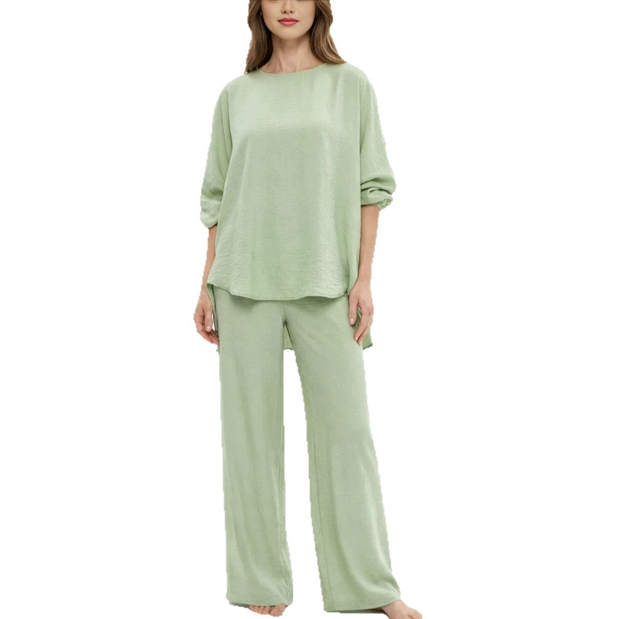 Solid color loose casual suit wide leg pants two-piece set