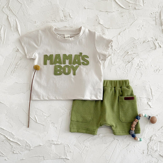 Letter sticker round neck short sleeved+solid color loose sports shorts set