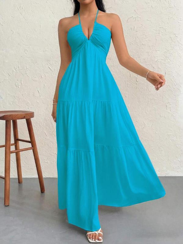 Nouvelle Robe d'Été Style Européen et Américain, Couleur Unie, Sans Bretelles, Dos Nu, Nouée, de Plage, Décontractée, à Col Halter