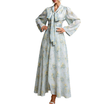 Elegant Floral Long Sleeve Maxi Dress with Tie Waist for Women