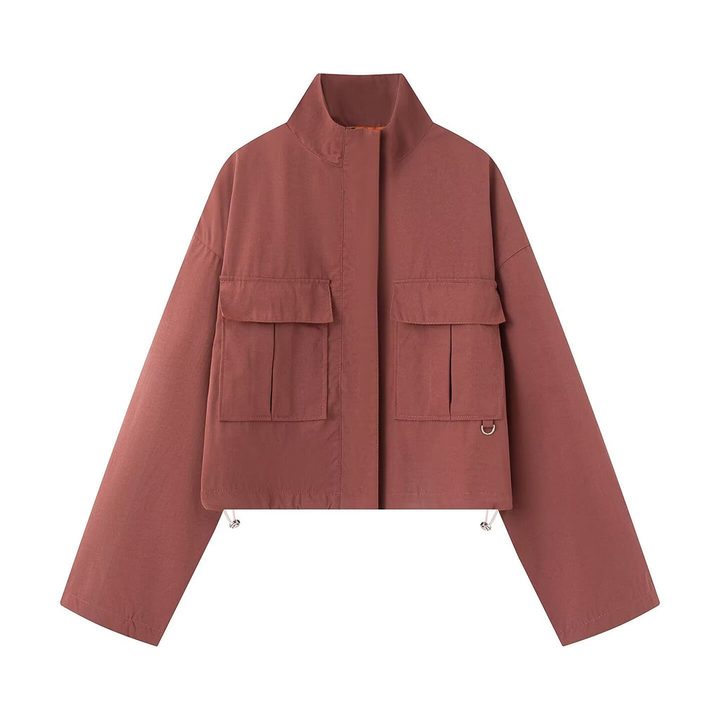 Street standing collar flip chest pocket short collar jacket