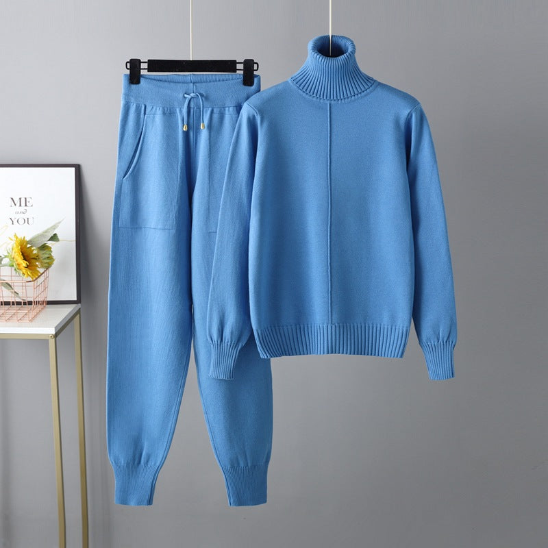 Casual Fashion Set European and American High Collar Solid Color Sweater Knitted Two Piece Set