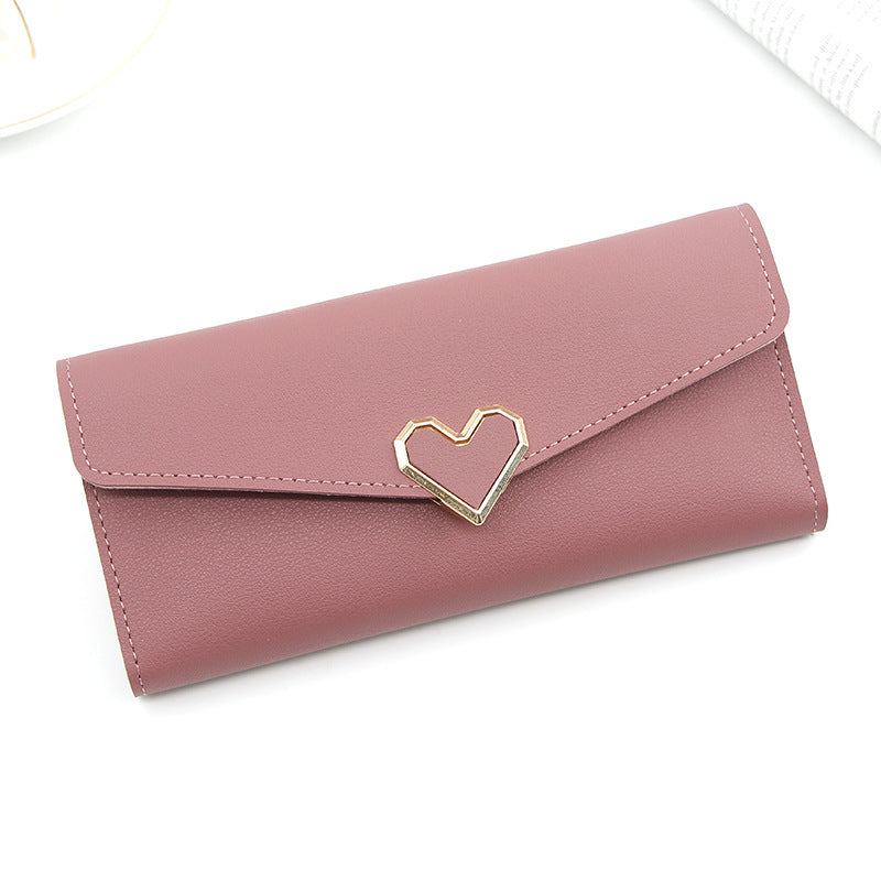 Long portefeuille en cuir uni en forme de cœur avec plusieurs fentes pour cartes, portefeuille à boucle, grande capacité, sac à main