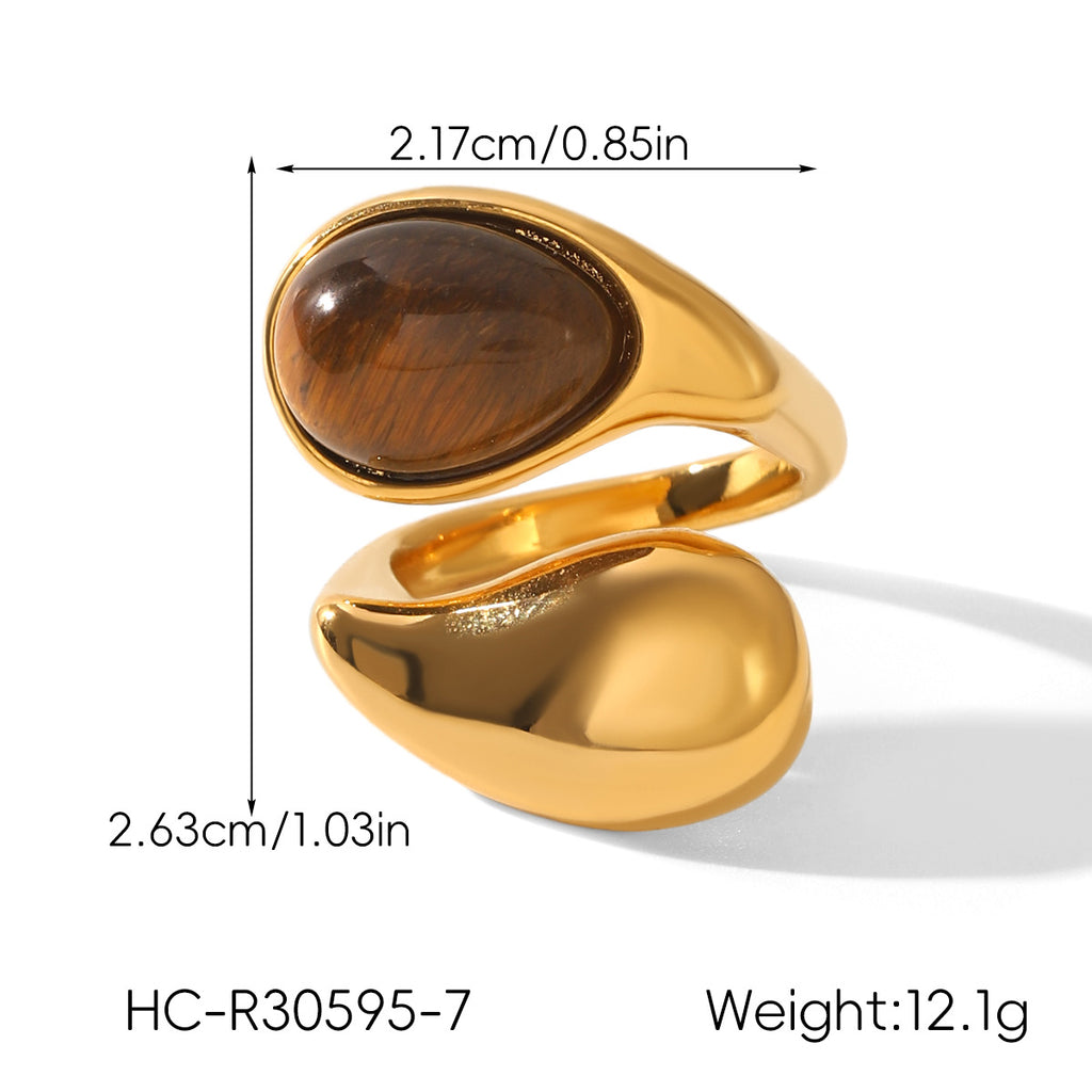 Bague en acier inoxydable en forme de goutte d'eau incrustée d'œil de tigre