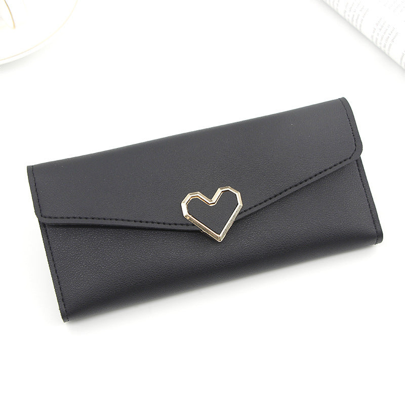 Long portefeuille en cuir uni en forme de cœur avec plusieurs fentes pour cartes, portefeuille à boucle, grande capacité, sac à main