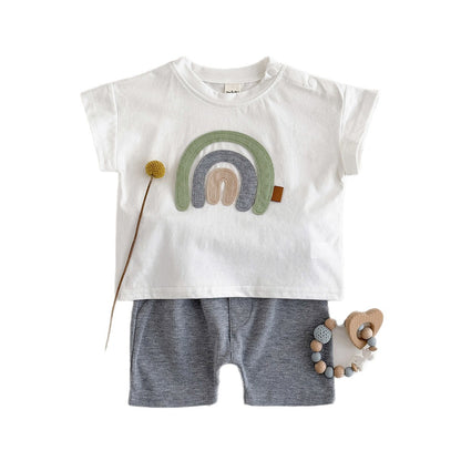 Rainbow pattern patch round neck short sleeved+casual sports shorts two-piece set