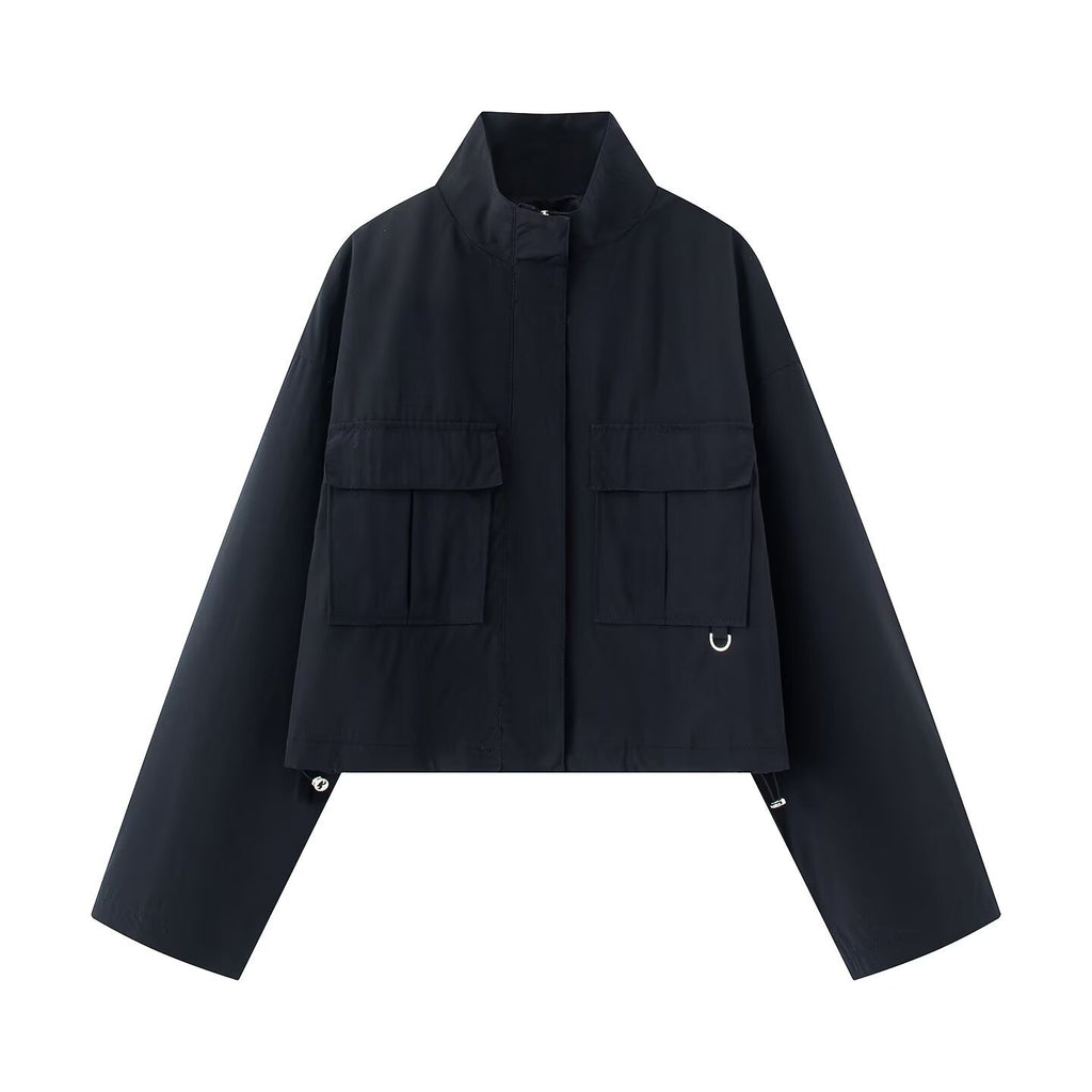 Street standing collar flip chest pocket short collar jacket