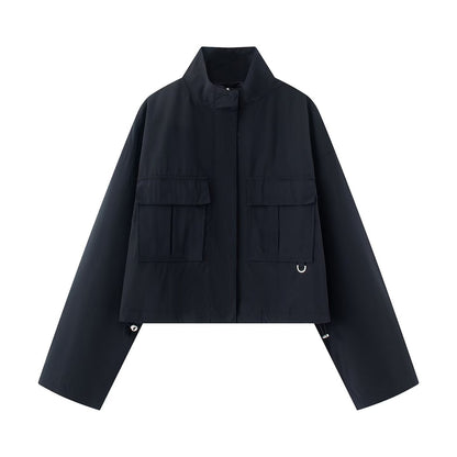 Street standing collar flip chest pocket short collar jacket