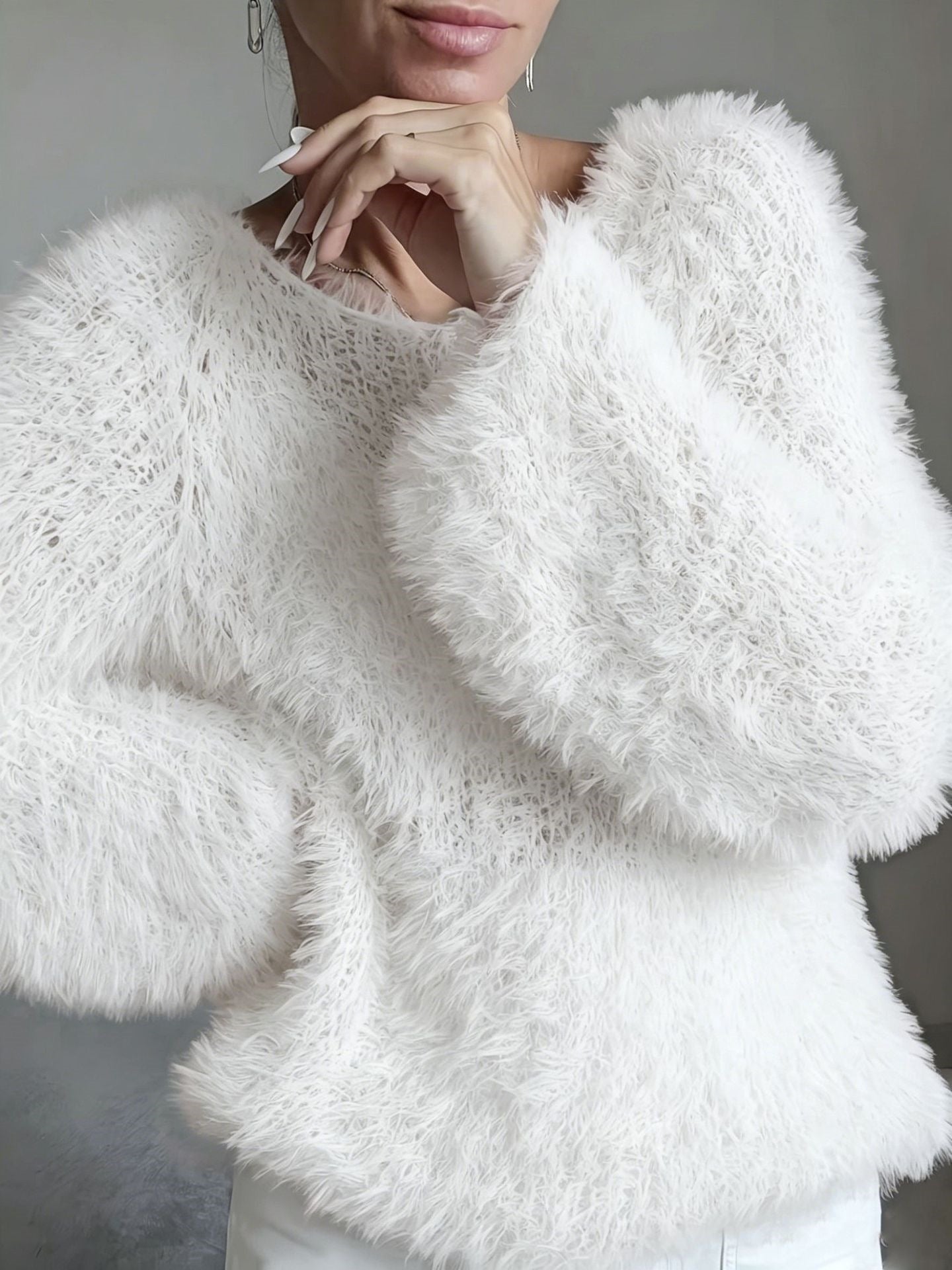 Women's macaron round neck fluffy solid color long sleeved fur top