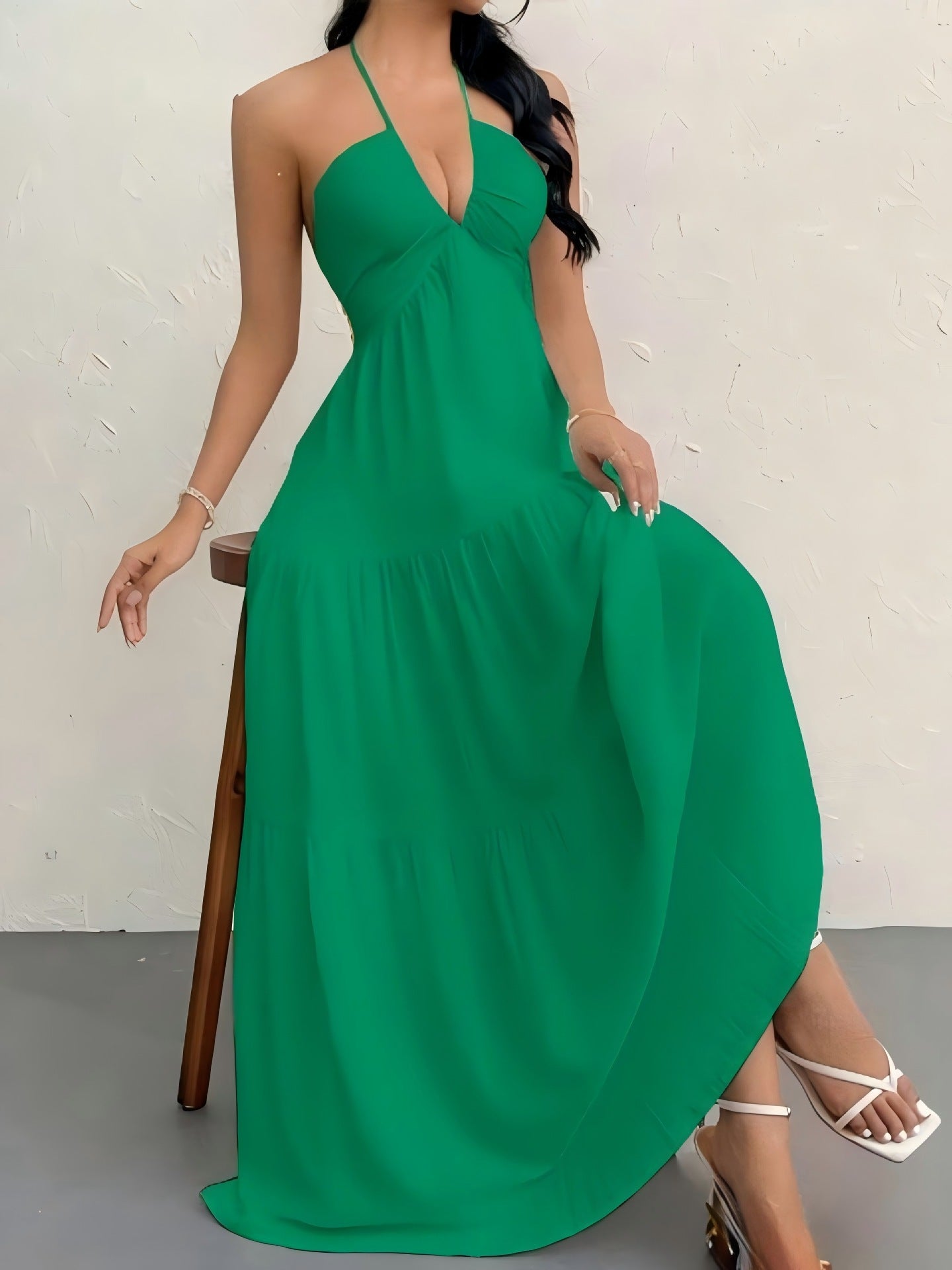 Nouvelle Robe d'Été Style Européen et Américain, Couleur Unie, Sans Bretelles, Dos Nu, Nouée, de Plage, Décontractée, à Col Halter