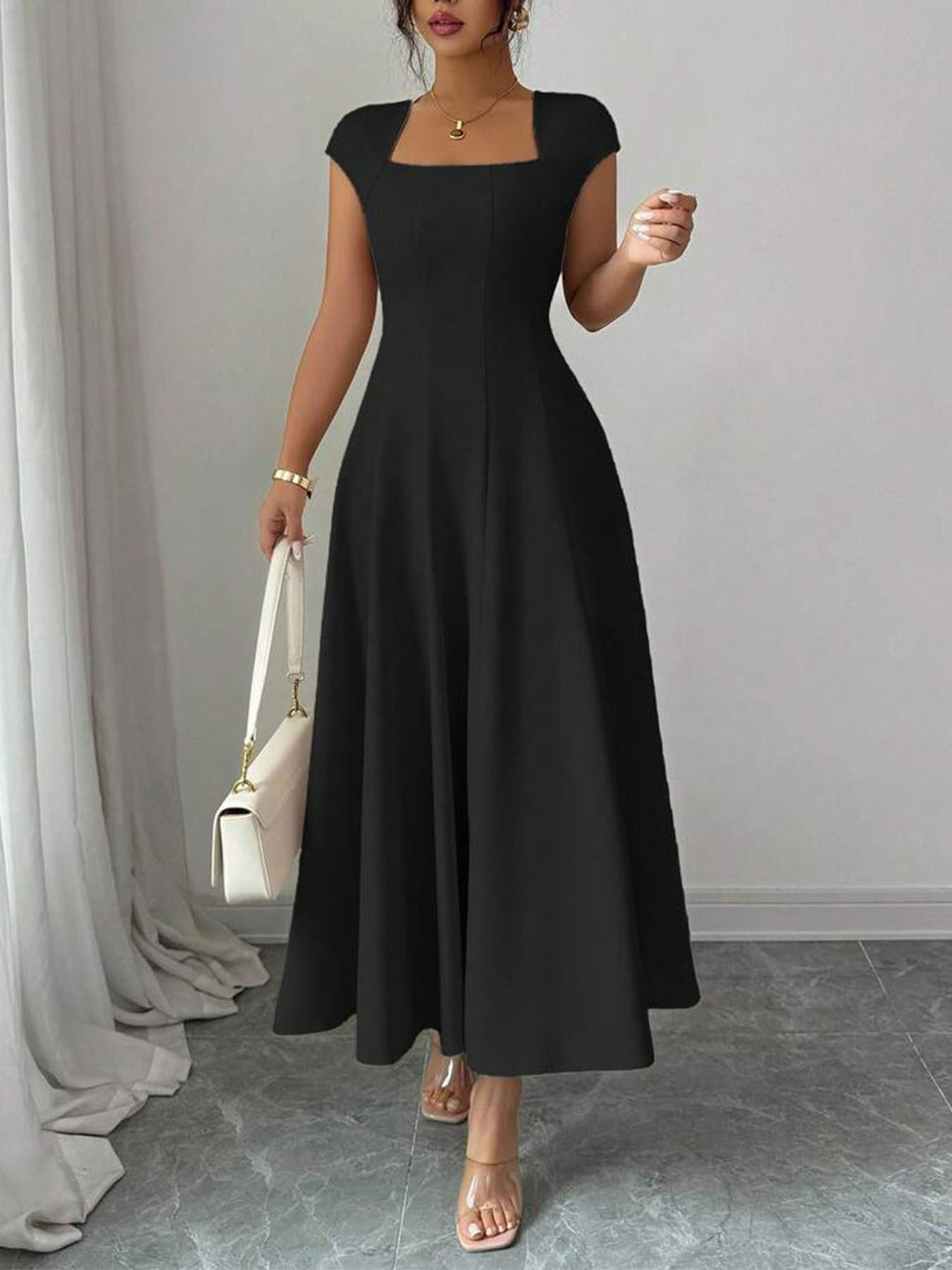 Chic Long Dress Women's Square Neck Short Sleeve Dress