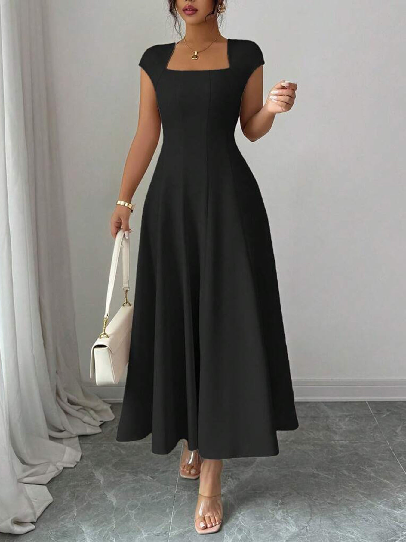 Chic Long Dress Women's Square Neck Short Sleeve Dress