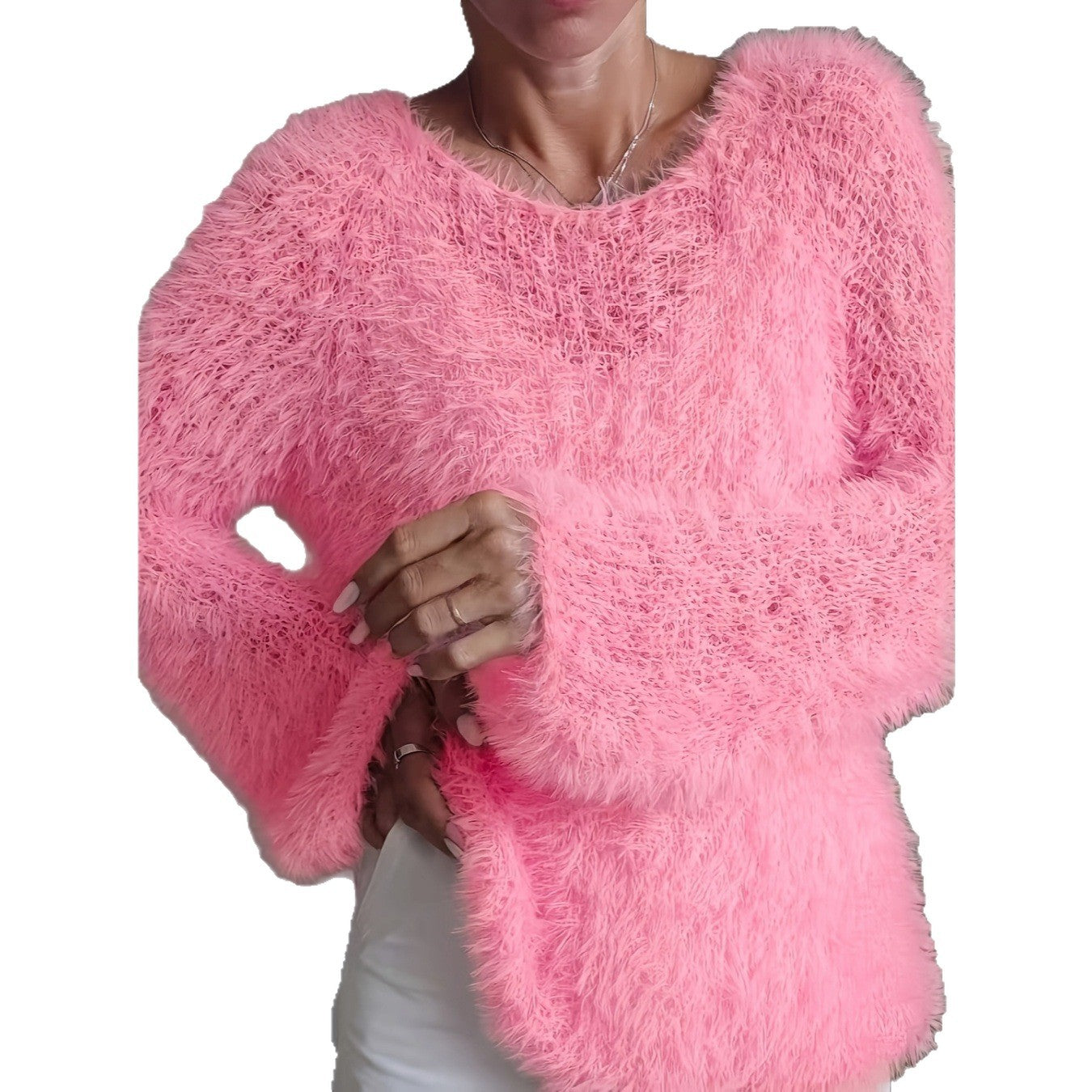 Women's macaron round neck fluffy solid color long sleeved fur top