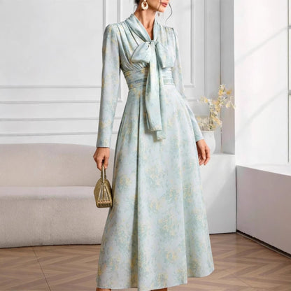 Elegant Floral Long Sleeve Maxi Dress with Tie Waist for Women
