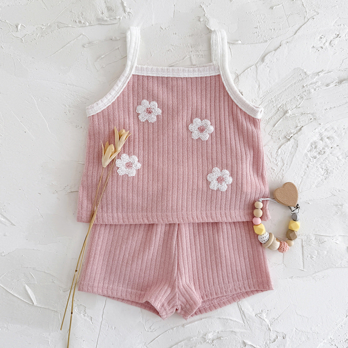 Summer flower embroidery square neck breathable two-piece set for girls
