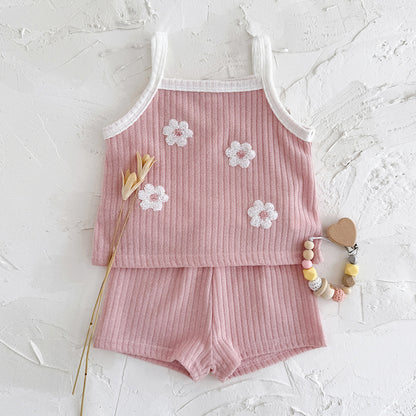 Summer flower embroidery square neck breathable two-piece set for girls