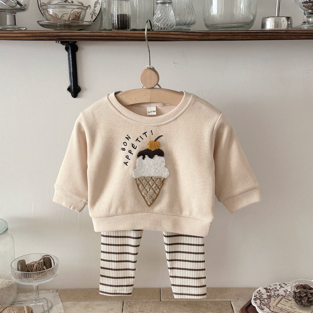 Two piece pink ice cream embroidered hoodie+striped pit pants casual set