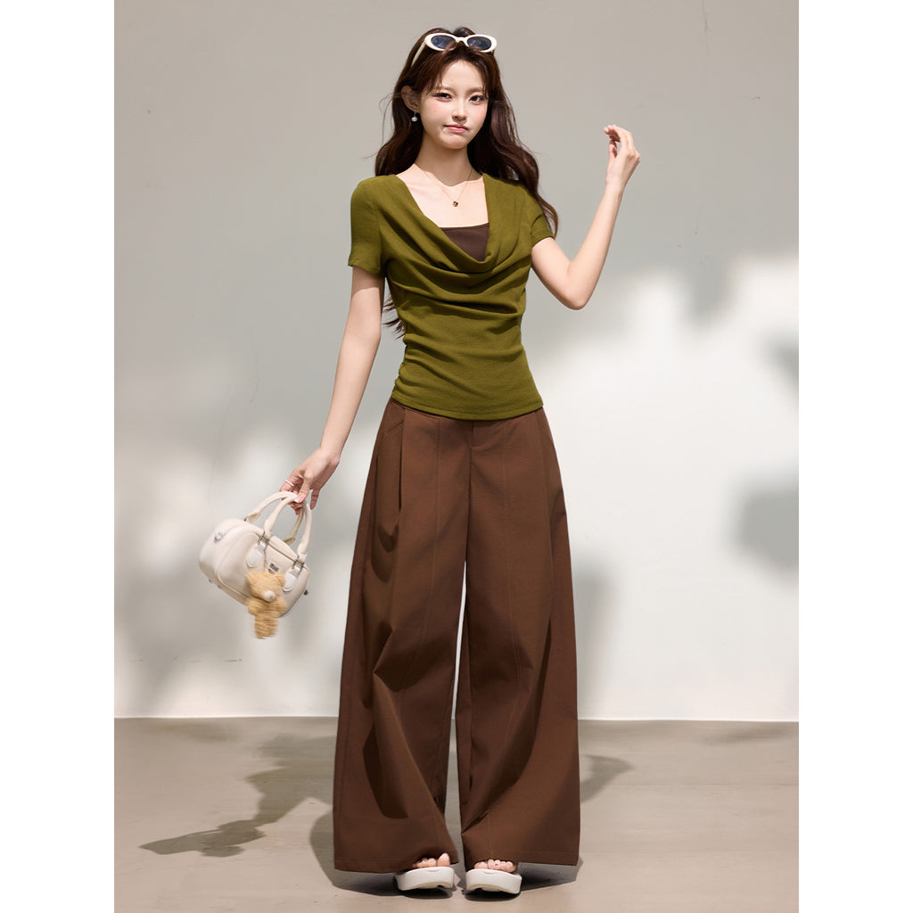 False Two-Piece Drape Neck Short Sleeve T-Shirt