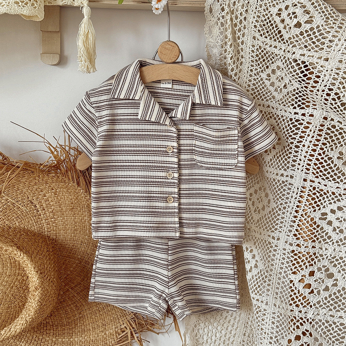 Solid color narrow stripe button set two-piece set
