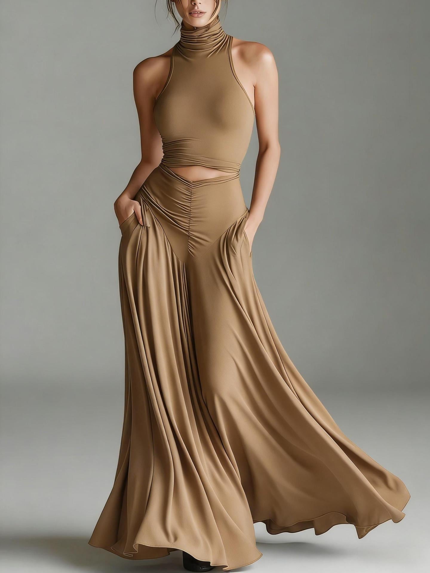Ensemble deux pièces style top sans manches col montant et élégante robe longue