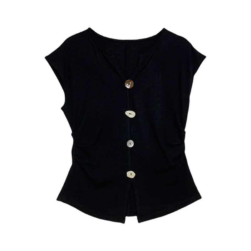 Black V-Neck Short Sleeve T-Shirt for Women, Spicy Fitted Ruched Slim Fit Top