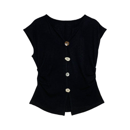Black V-Neck Short Sleeve T-Shirt for Women, Spicy Fitted Ruched Slim Fit Top