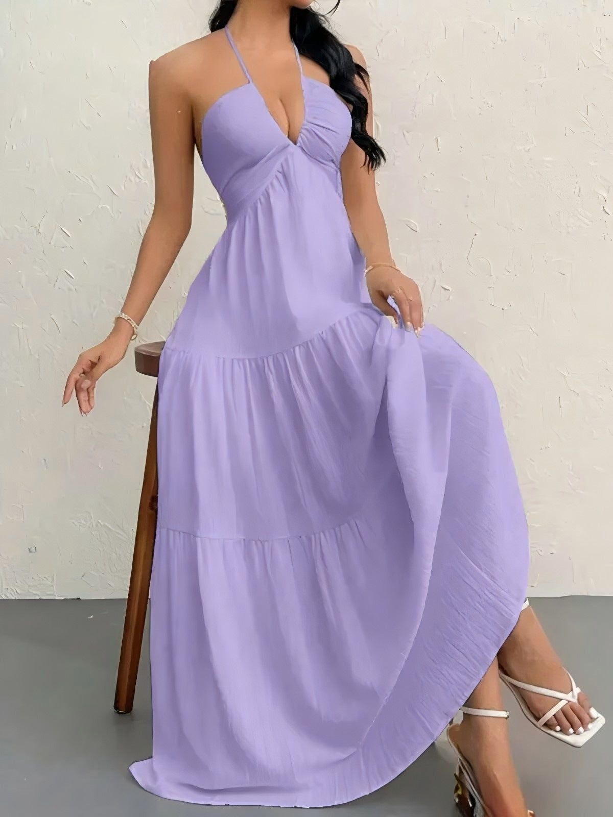 Nouvelle Robe d'Été Style Européen et Américain, Couleur Unie, Sans Bretelles, Dos Nu, Nouée, de Plage, Décontractée, à Col Halter