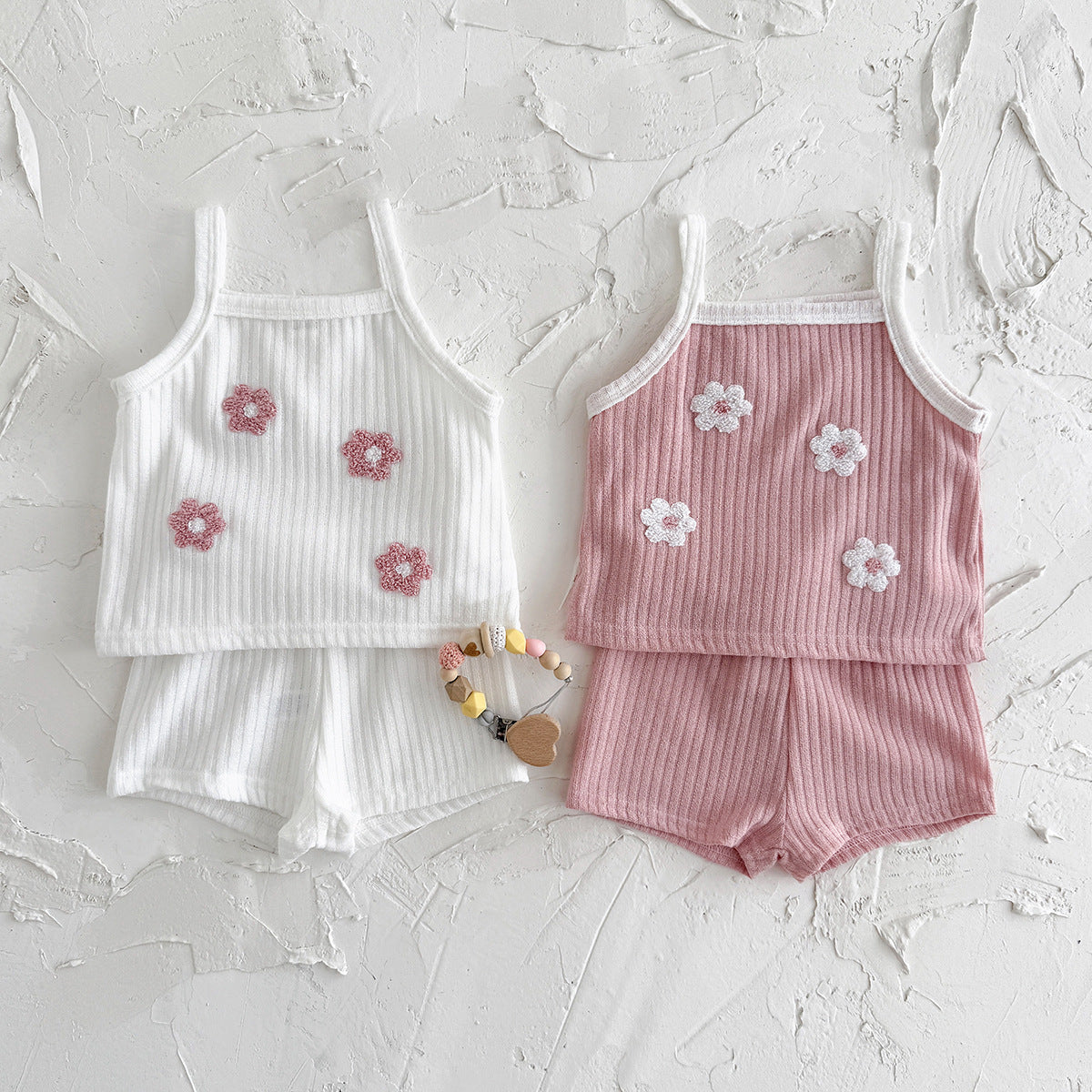 Summer flower embroidery square neck breathable two-piece set for girls