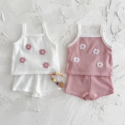 Summer flower embroidery square neck breathable two-piece set for girls