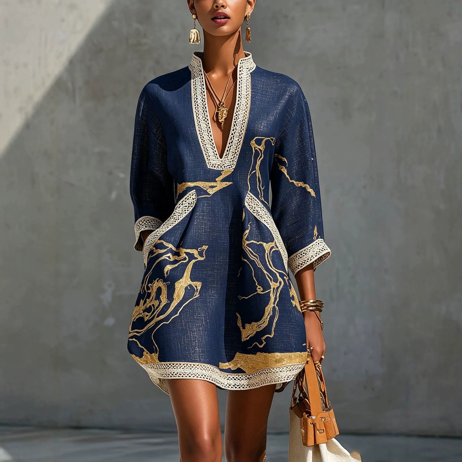 Printed lace trimmed seven quarter sleeved cotton linen short dress