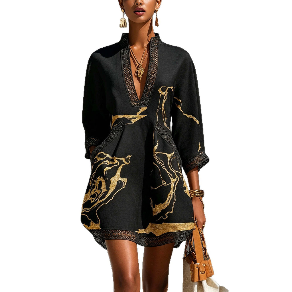 Printed lace trimmed seven quarter sleeved cotton linen short dress